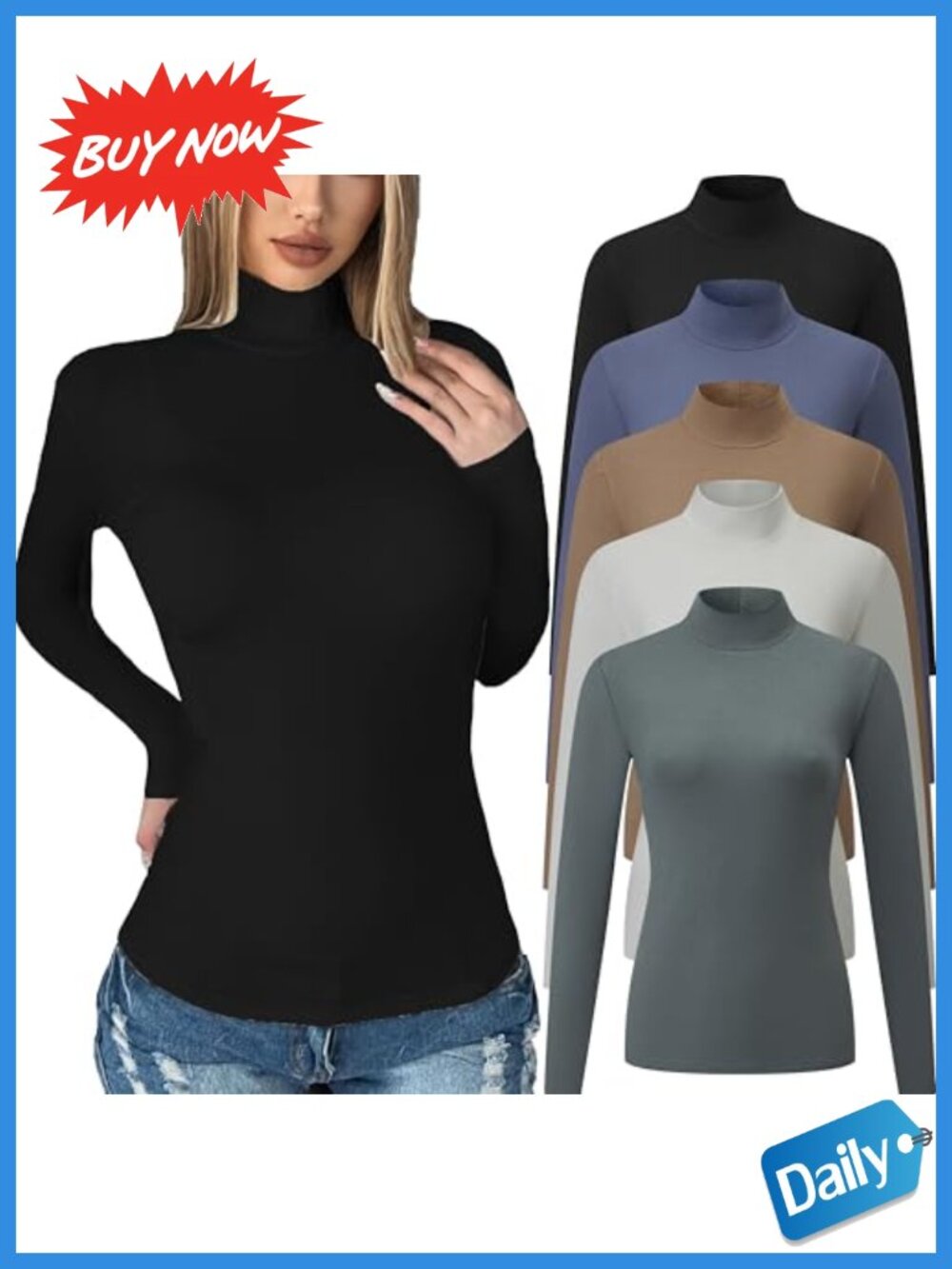 Mock Turtleneck Long Sleeve Thermal Shirt Cotton Spandex Slim Fit Tee